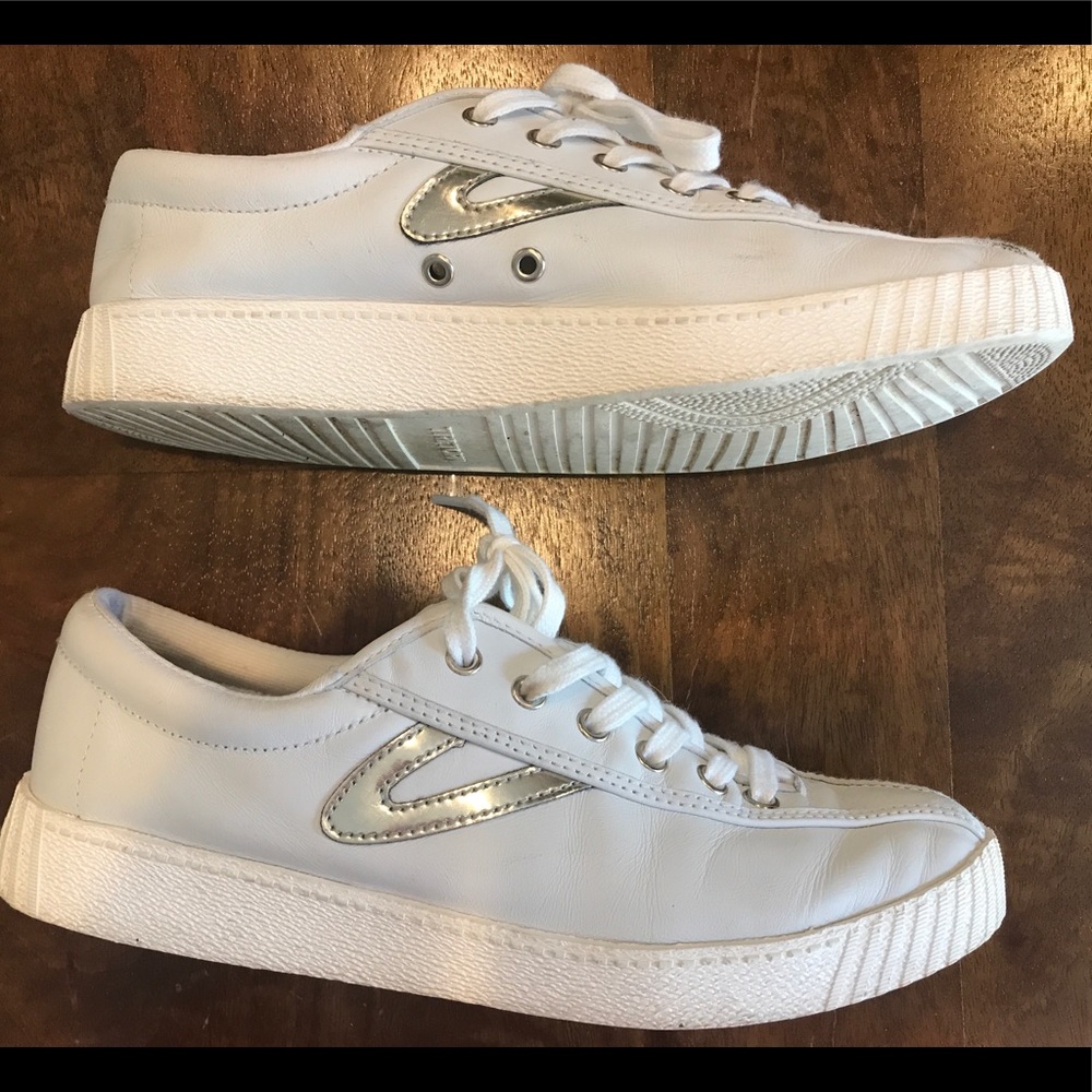 Leather Tretorns with metallic silver swoosh
